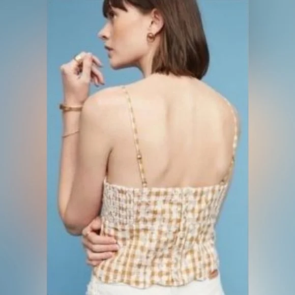 Anthropologie Maeve Gingham Crop Top EUC Embroidered Floral Smocked Tank Corset - Picture 5 of 11